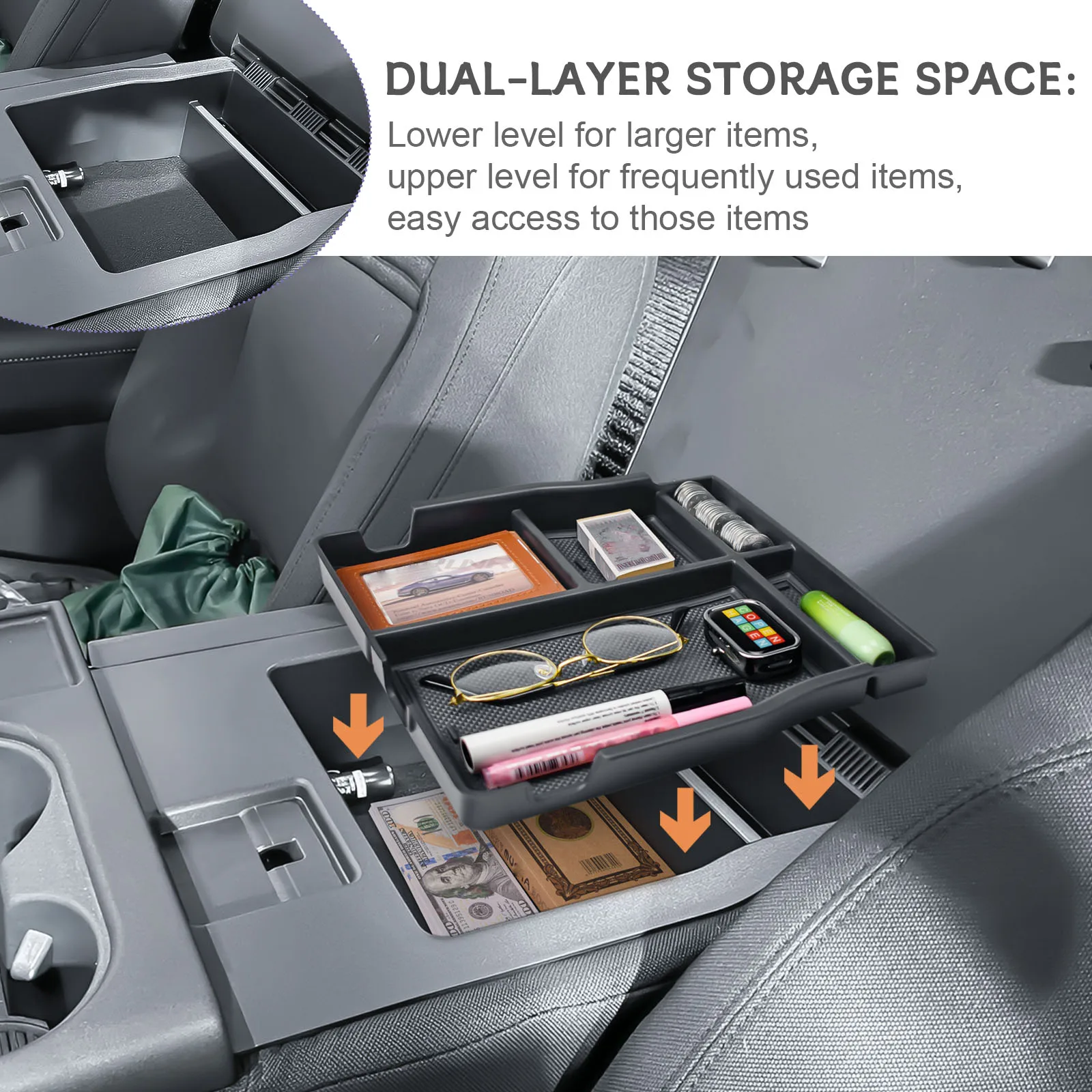 منظم المقعد المركزي الأمامي لـ 2017-2024 2025 Ford F150 F250 F350 F450 ملحقات القفز مسند ذراع المقعد تخزين صندوق إدراج صينية