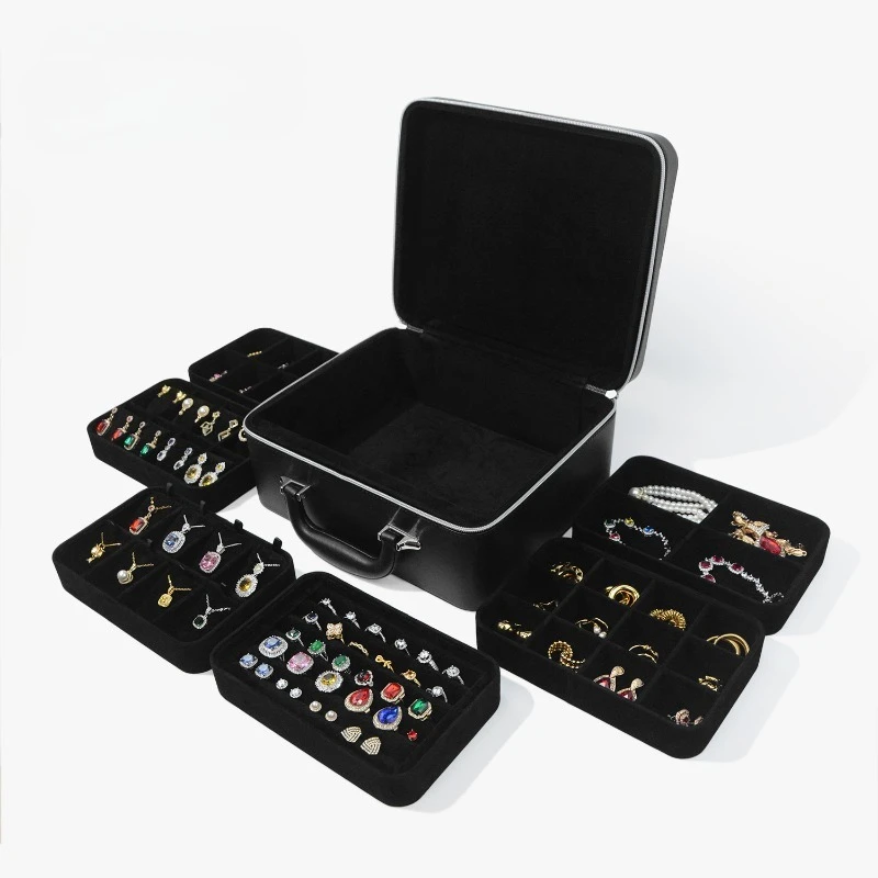 Portable Leather Jewelry Organizer Box  Removable Velvet Display Trays Large Travel Zipper Jewelry Case Rings Necklaces Storage