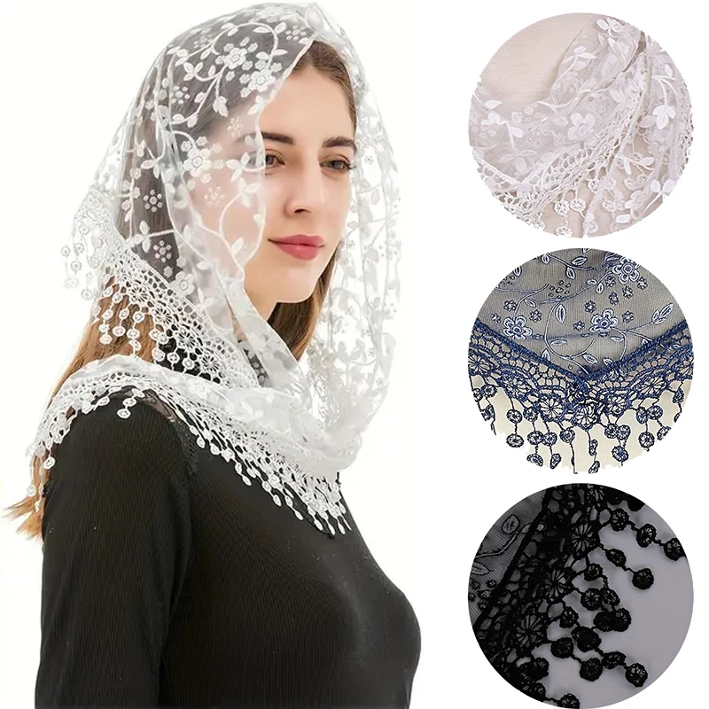 Sciarpa Hijab in pizzo con ricamo floreale di lusso scialle scava fuori sciarpa a triangolo avvolgente traspirante Mantilla copricapo per le donne