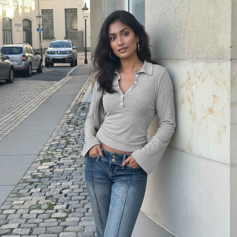 

Gray Flap Button Loose Fit Casual T-Shirt Fall New Arrival Solid Color Simple Style Long Sleeve Top