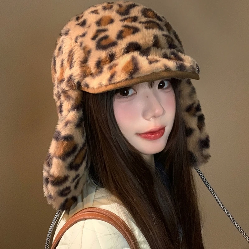 MXMB Plush Leopards Print Winter Hat Water Resistant Snow Winter Hat Foldable Hat