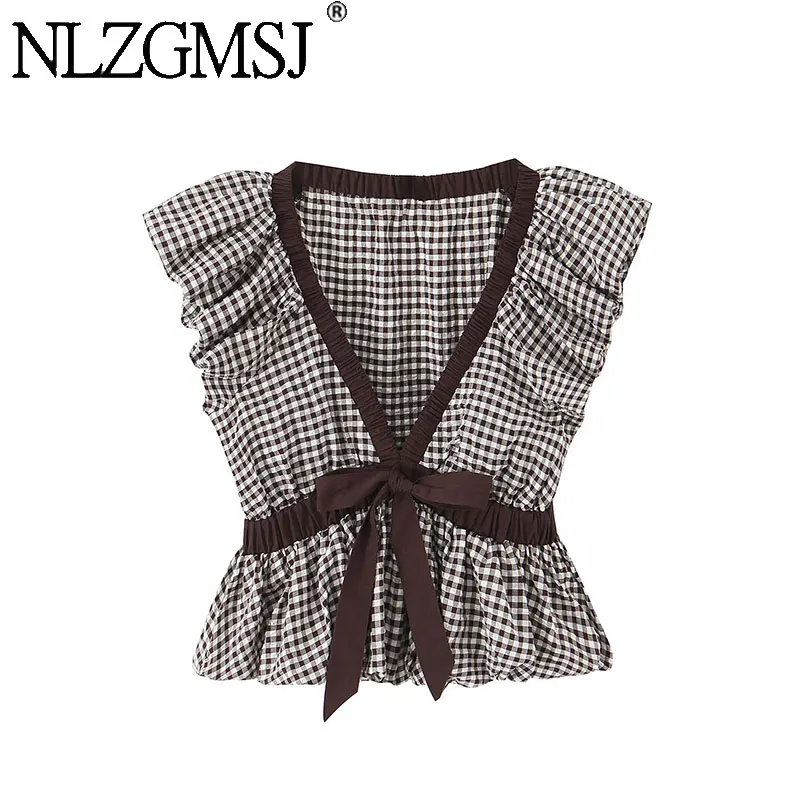 NLZGMSJ Damen-Tanktops 2026 Frühling V-Ausschnitt Ärmellos Slim Fit Patchwork Saum Crop Top Schleife Camis Y2K Weste