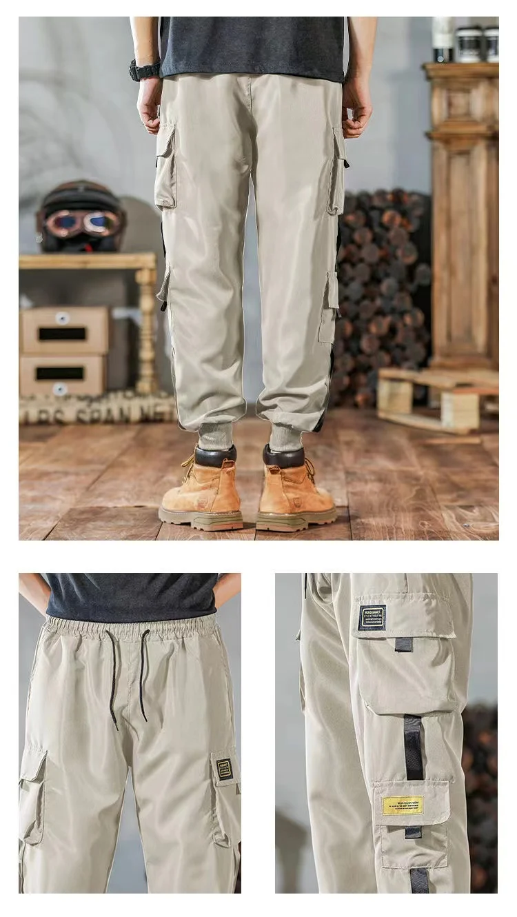 Men\'s Cargo Pants Casual Hip Hop Hit Color Multiple Pockets Trousers Streetwear Ribbons Techwear Sweatpants