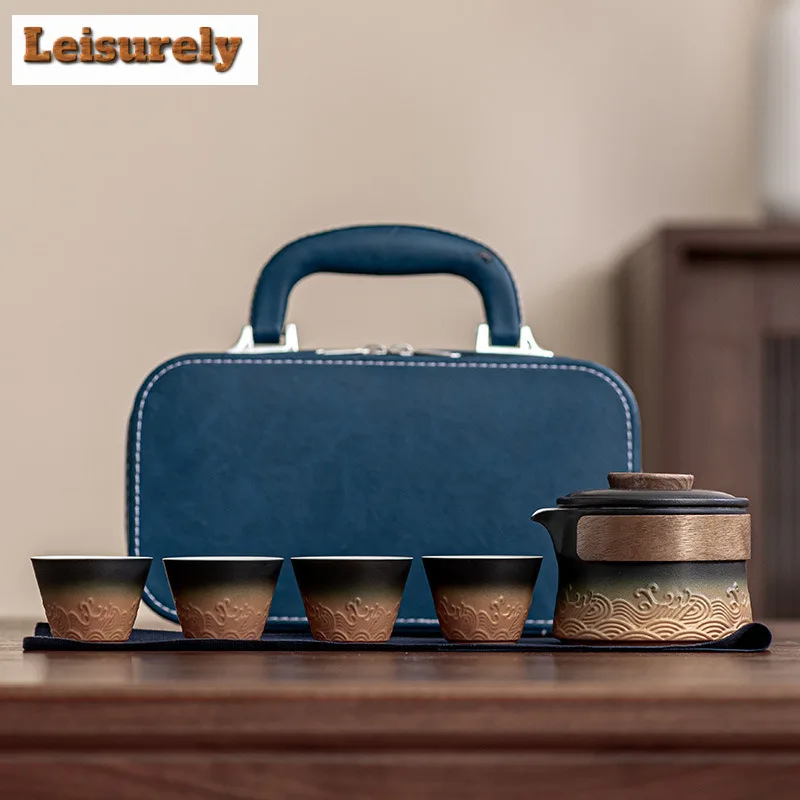 

Chinese Wave Hand-held Teapot Tea Set Complete Tea Ceremony Set Teapot And Tea Cup Set Portable Travel Leather Bags Tea Items