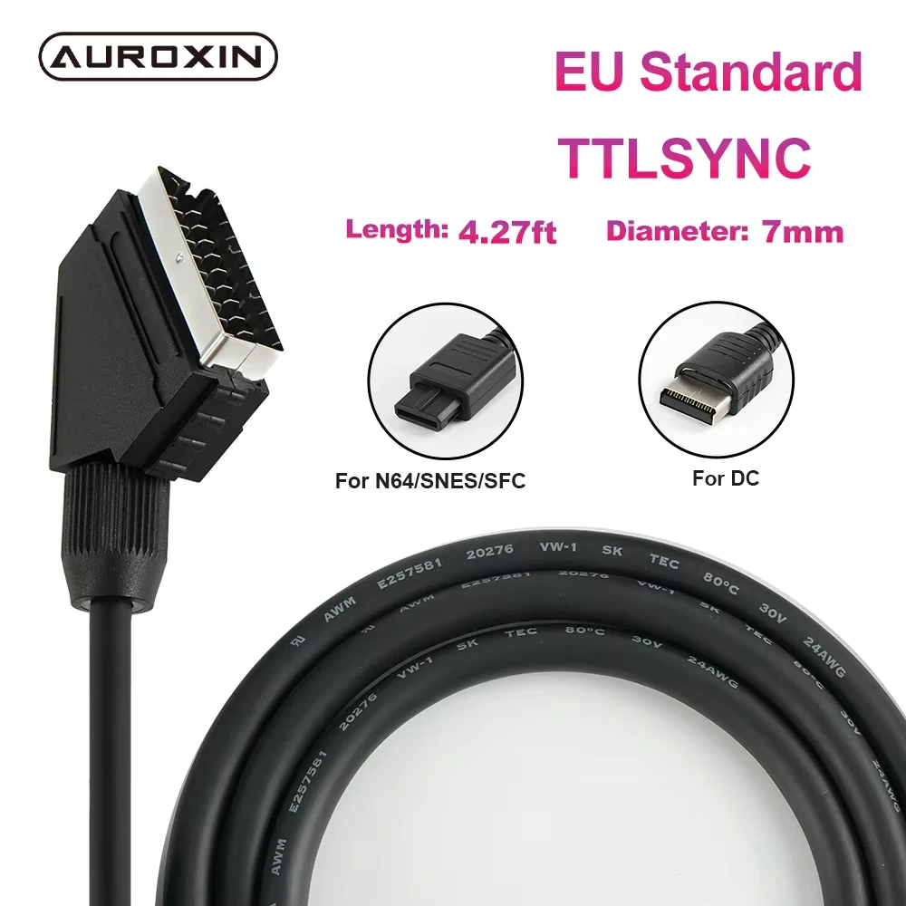 1.3m SCART Cable  TTL SYNC Singnal 24AWG  Professional Audio and Video Connection Solution For Dreamcast N64 SNES SFC