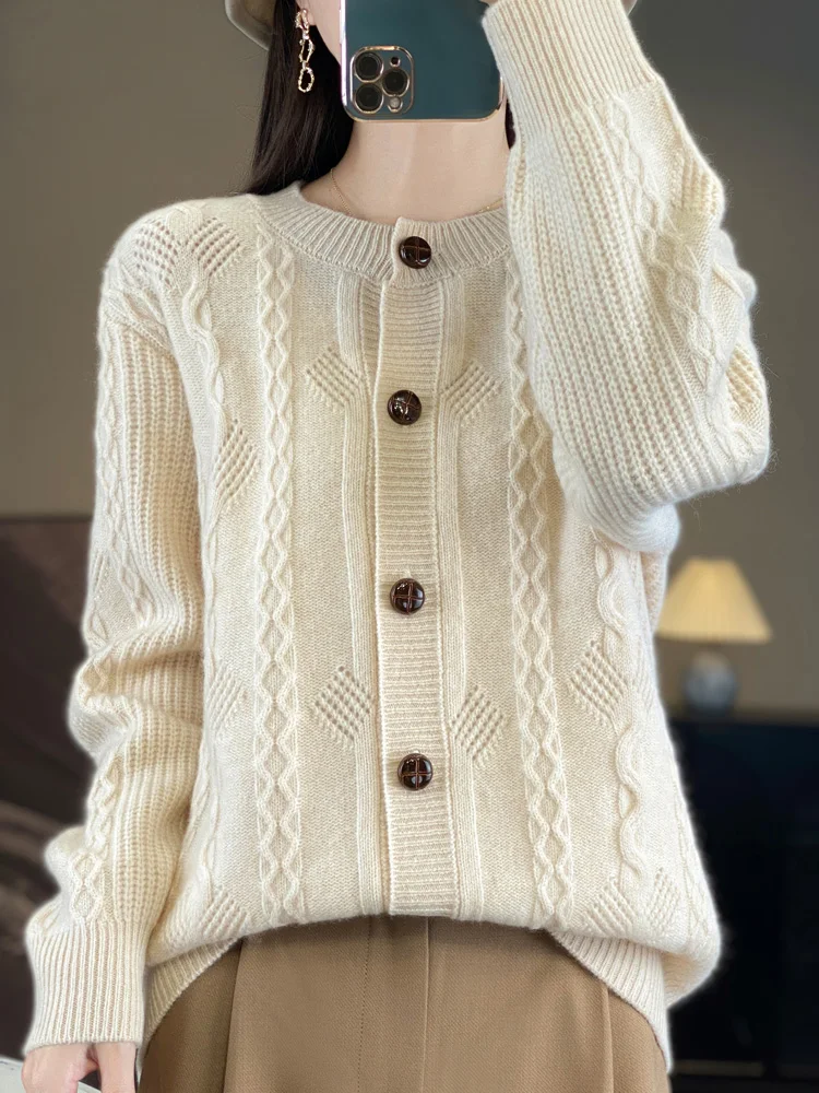 

Autumn Winter O-Neck Solid Color Ripple Casual Cardigan Knitwear 100% Merino Wool Women Sweater Long Sleeve High Quality Tops