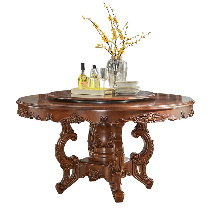 

#American Style Solid Wood Antique Dining Table Swivel Tray Chair Set 6-Piece for Hotel Apartment Villa Dining