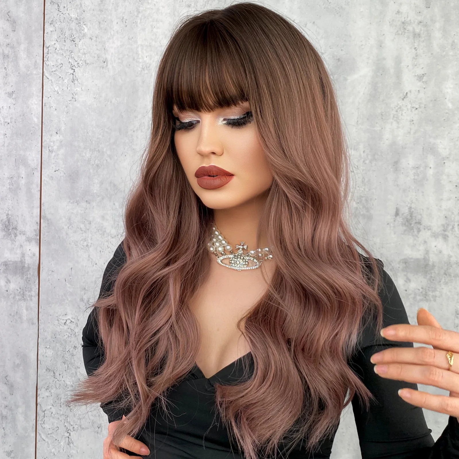 

Pink Brown Highlight Wig with Bangs Women Long Big Wavy Curly Synthetic Hair Heat Resistant Full Wig for Party Daily Cosplay