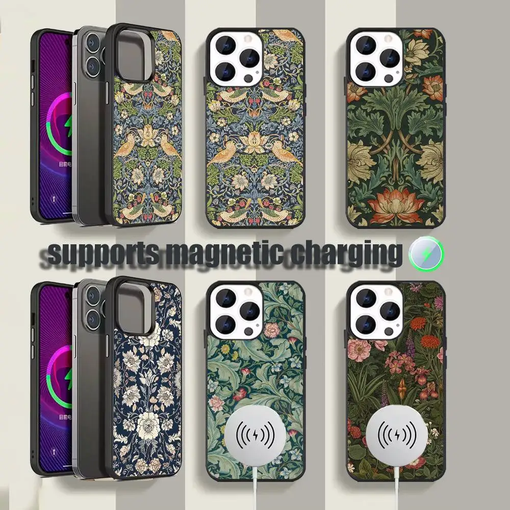 

Чехол для iPhone 17, 16, 15, 14, 13, 12, 11, Pro, Max, Plus, Mini, SE с магнитной беспроводной зарядкой, черный, дизайн Уильяма Морриса