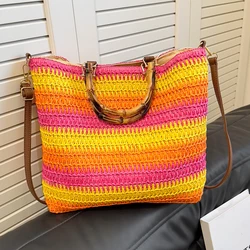 Women Straw Woven Handbag Summer Beach Bags Large Capacity Handmade Straw Bag with Bamboo Handle Drawstring for Party Vacation