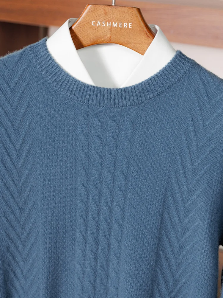 High Quality Men 100% Cashmere Sweater Autumn Winter O-neck Long Sleeve Pullover Cable Knit Smart Casual Thick Clothing Tops