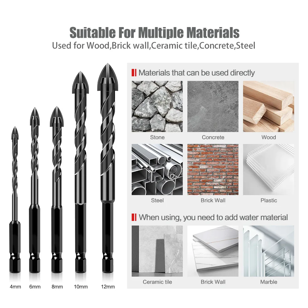 5 Pack Concrete Drill Bits Masonry Drill Bit Set, Tungsten Carbide Drill Bit Set For Tile/Ceramic/Glass/Brick Drilling Tools