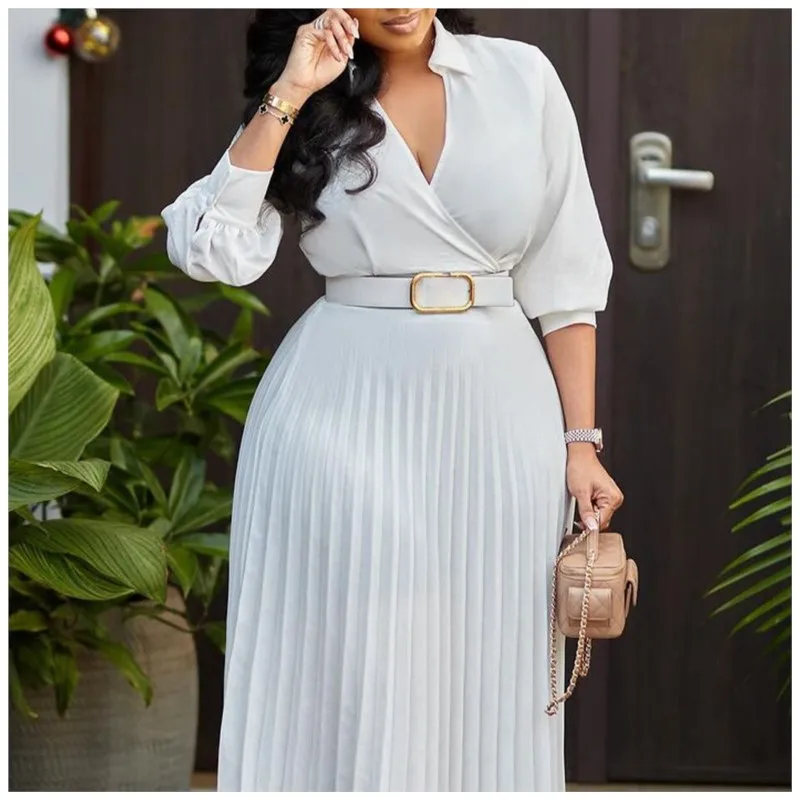 Autumn Women Pleated V Neck Long Sleeve Belt Midi Dress Elegant Long Sleeve Belt Red White Evening Party Dresses Robe Sexy Femne