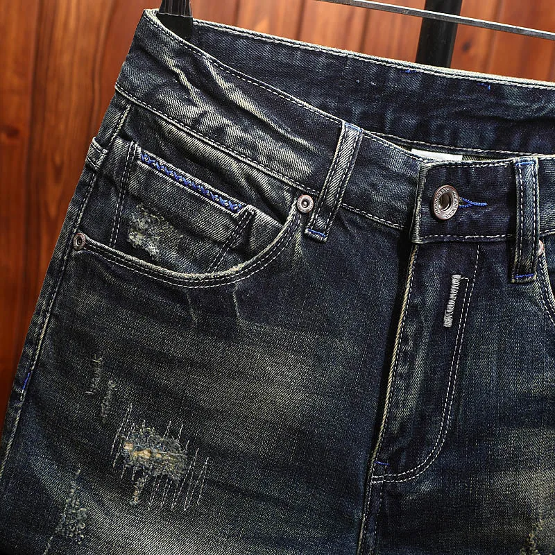 High end printed denim shorts for men, summer street fashion, rugged and handsome, retro vintage, casual five quarter pants