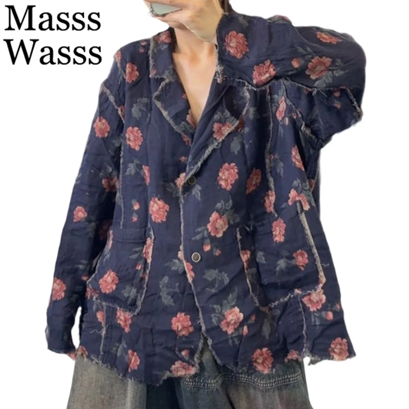 

Mass Wasss, осенние женские винтажные дизайнерские модные куртки с принтом, 2025 г., женские свободные повседневные пальто с v-образным вырезом, классическая верхняя одежда с цветочным принтом