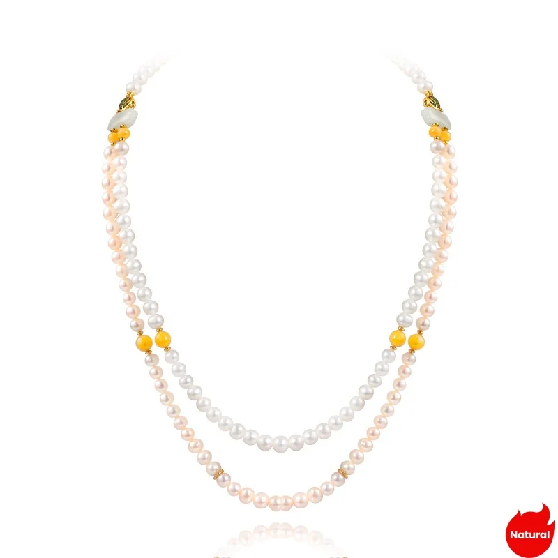 

Natural Freshwater Pearl Beaded Necklace for Women S925 Silver Plated Gold Double Circle Jadeite Jade Necklet Jewelry Wholesale