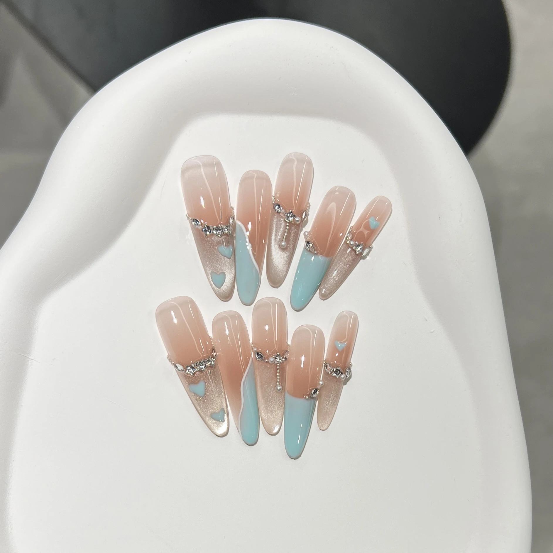 10PCS Handmade Long Stiletto Press On Nail With Pearls Pink Purple French False Nail Wearable Almond Stiletto Tip Glitter Carved