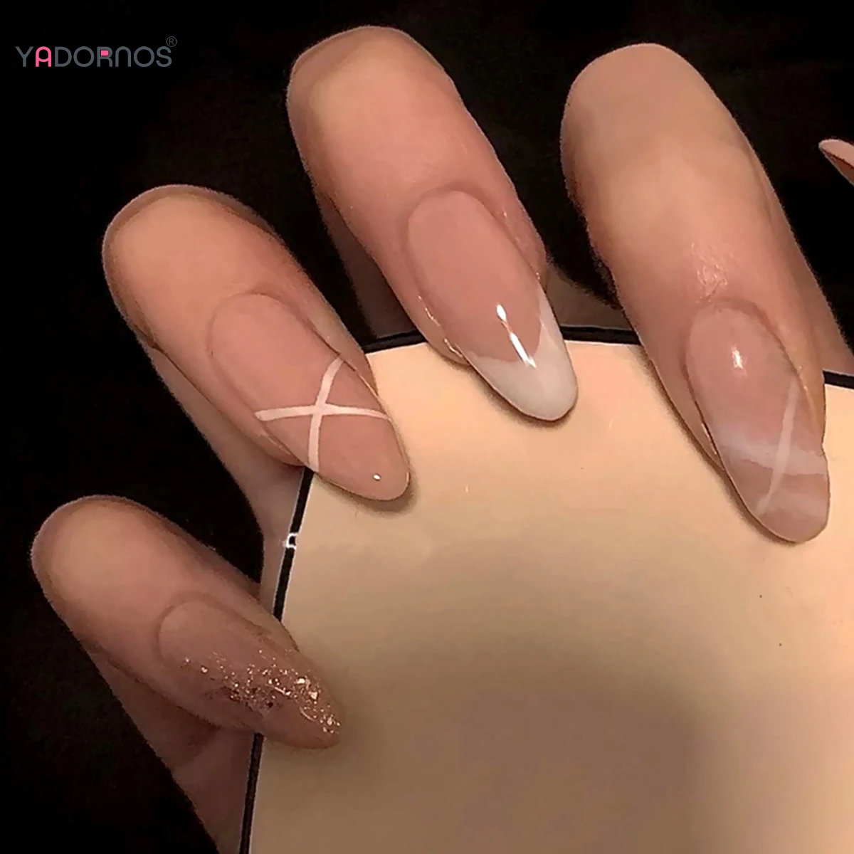 Almendra uñas postizas con purpurina y lentejuelas, puntas de uñas postizas francesas blancas, Color desnudo, uñas artificiales para mujeres y niñas