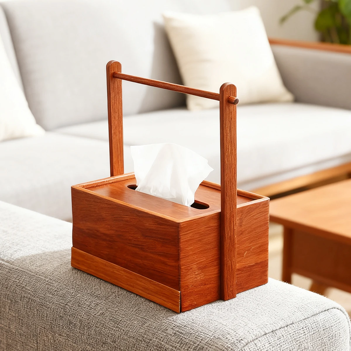 1 قطعة صندوق مناديل قائم بذاته مع مقبض مجوف لغرف النوم وغرف المعيشة والحمامات والفنادق والمكاتب صندوق تخزين المناديل الخشبية
