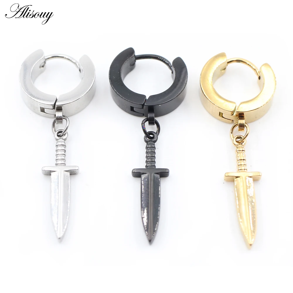 Alisouy 2PC Stainless Steel Cross Starfish Sword Axe Moon Pepper Pendant Women Men Small Huggie Round Smooth Circle Hoop Earring