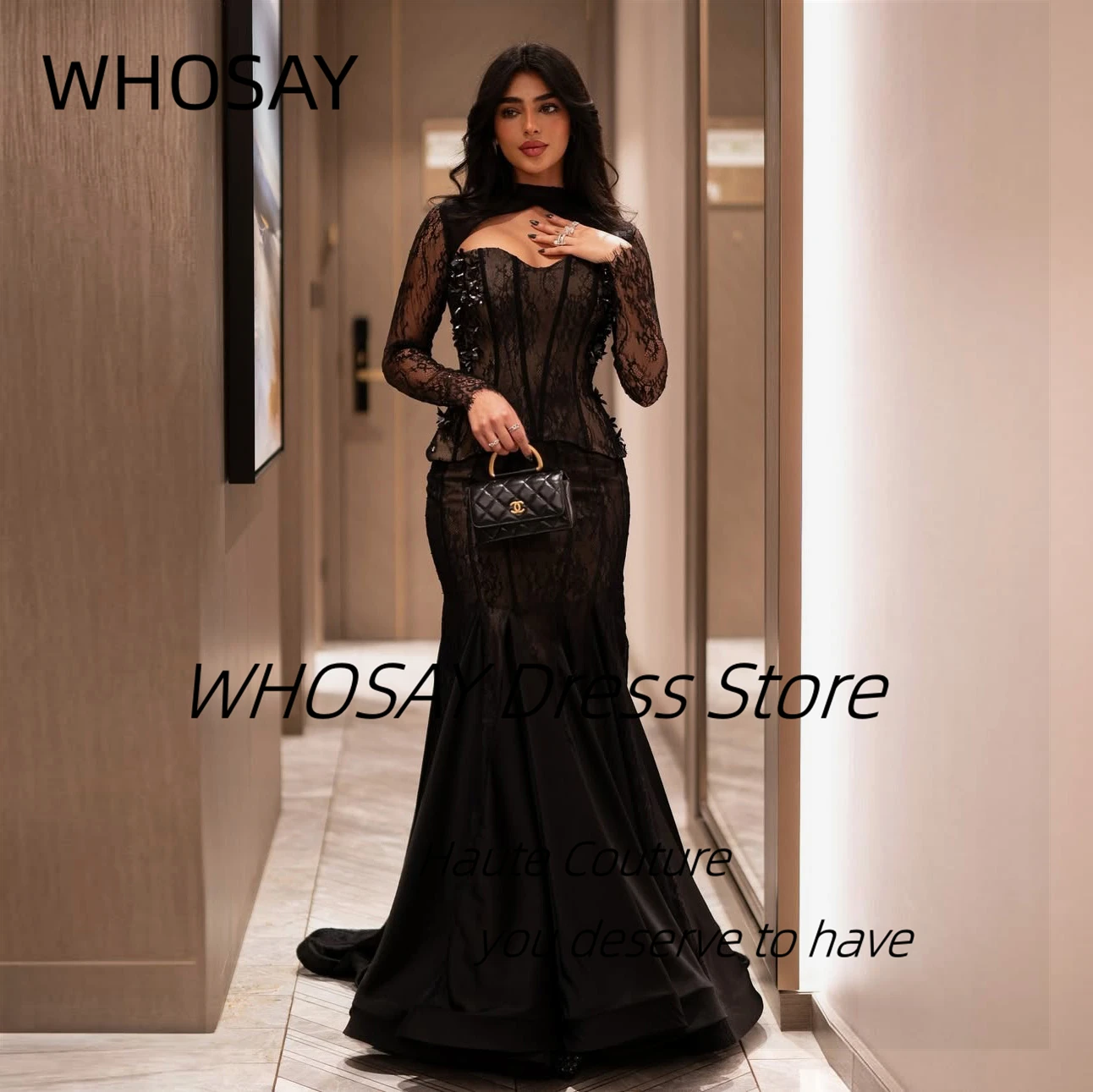 

WHOSAY Prom Dresses Beaded Long Sleeves Evening Gowns Black Lace فساتين للمناسبات الخاصة Customized