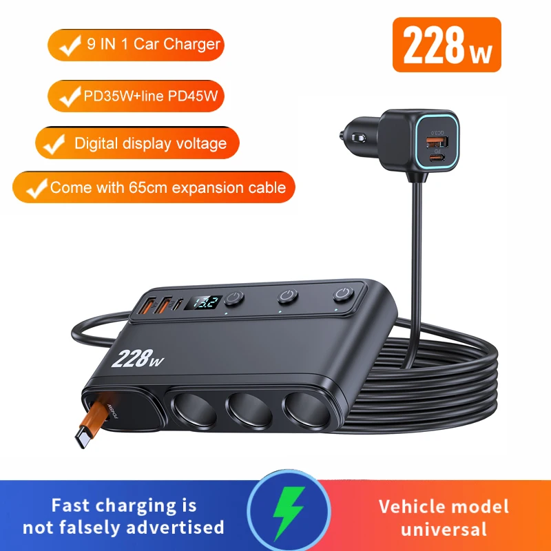 9 in 1 Car Cigarette Lighter Splitter 228W PD45W Car Fast Charger Adapter with LED Voltage Monitor, Independent Switches