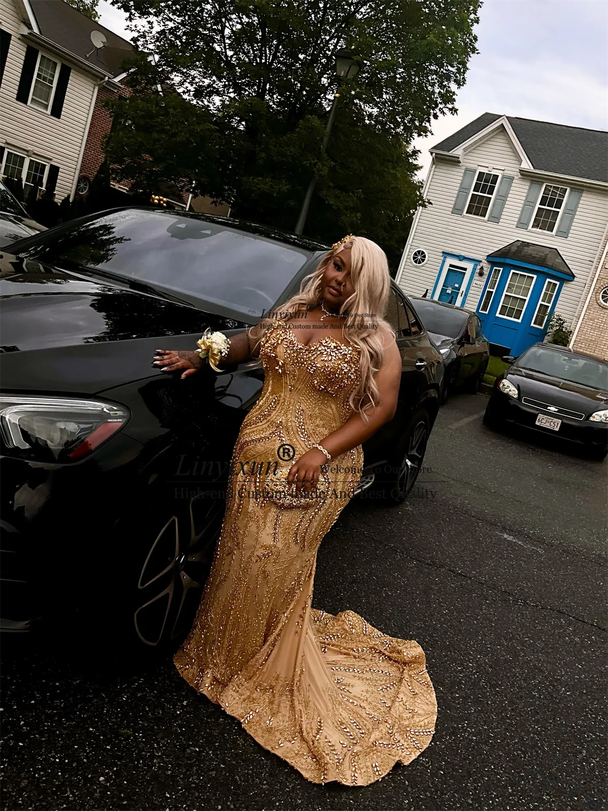 Sparkly Beaded Diamond Mermaid Prom Dress Customized Long Birthday Evening Gala Gown Aso Ebi 3D Floar Wedding Party Dress