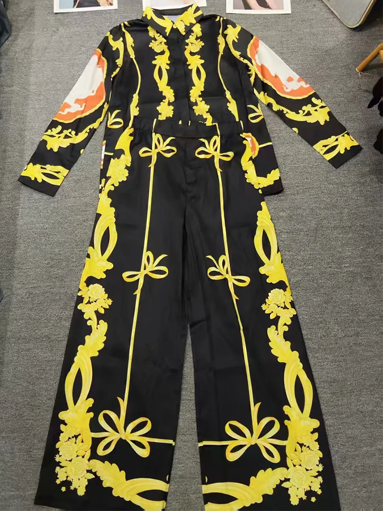 

Модные весенние новые женские два костюма, однобортная рубашка с длинными рукавами и принтом, куртка + прямые брюки с высокой талией, повседневный костюм