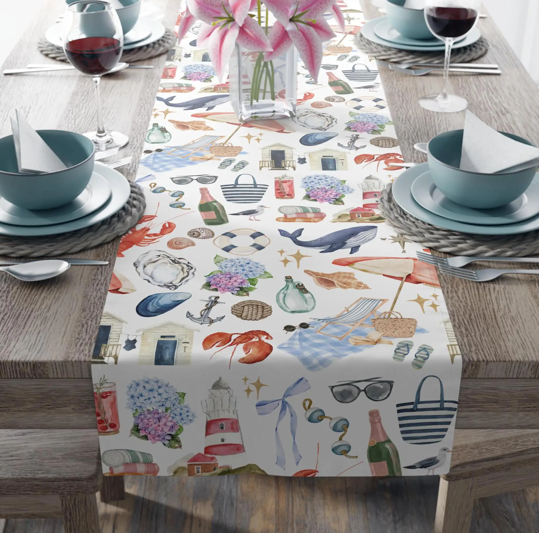 Nantucket Coastal Beach Wedding Table Runner, New England Summer Party Kitchen Dining Scarf Ocean Nautical Housewarming Decor