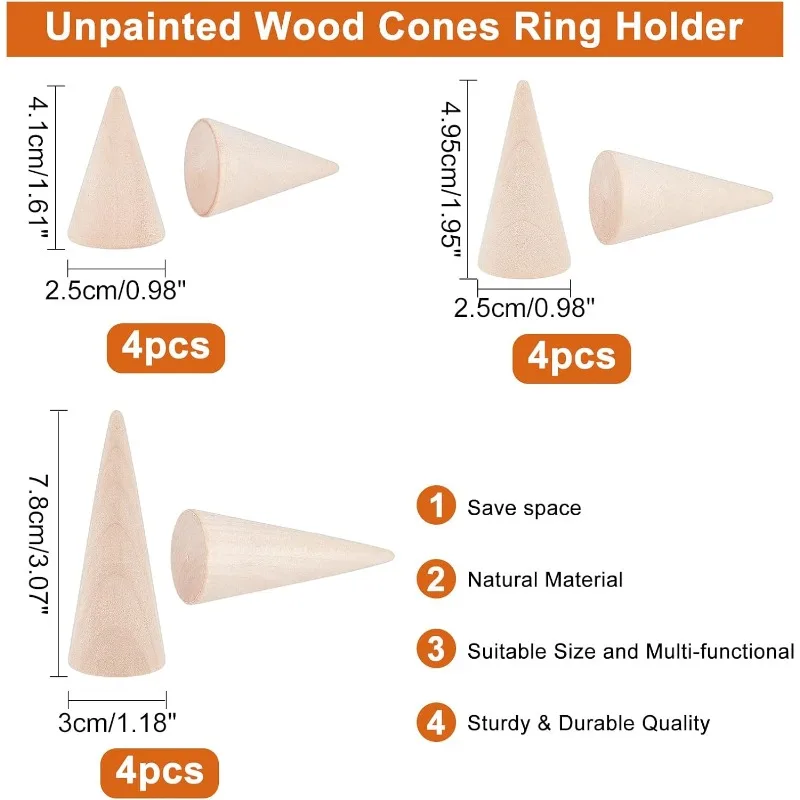12 sztuk 3 rozmiary drewniane wyświetlacze pierścionków w kształcie stożka stojak na pierścionek na palec wyświetlacz biżuterii na pierścionki