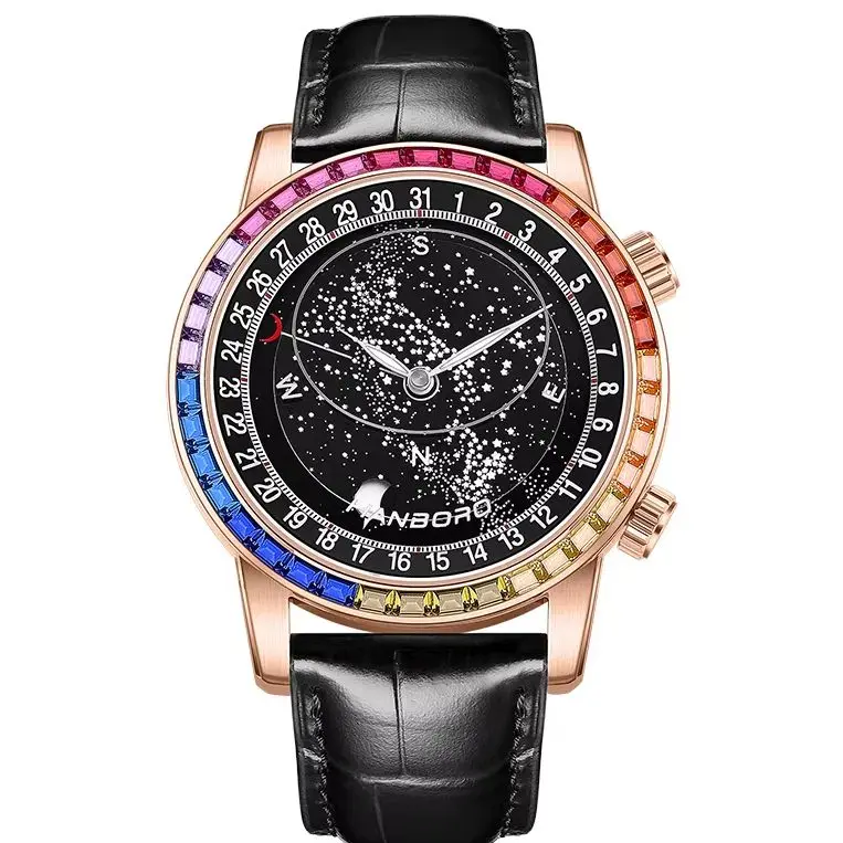HANBORO Men Automatic Watch 43mm Mechanical Wristwatch Sapphire Waterproof Luminous Rotatable Starry Sky Dial Hangzhou5100
