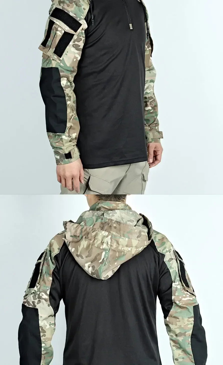 Tactical Combat Shirts Men Long Sleeve Breathable T-shirt Camo Hooded Quick-dry CS Paintball T-Shirt Tops Wear-resisting