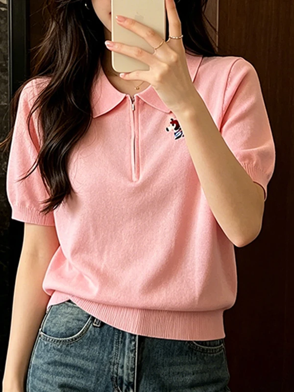 

plus Size Knitted Neck T-Shirt Breathable Loose Fit Summer New Style Korean Style Casual Wear for plus Size Women