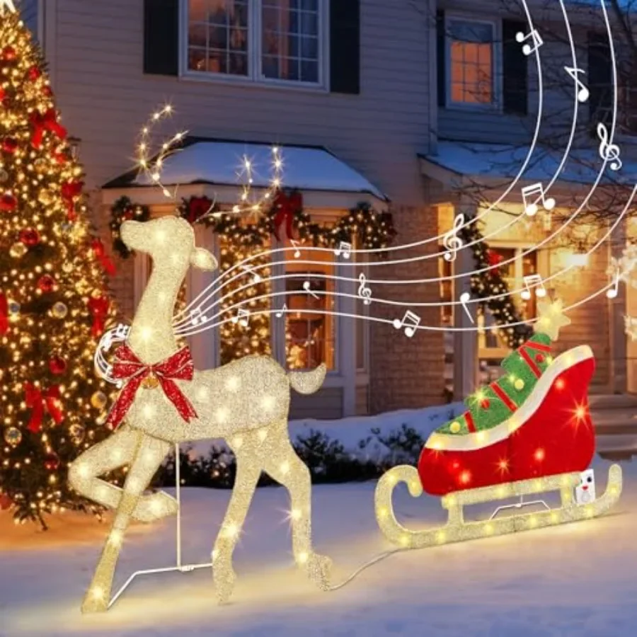 

Outdoor Christmas Decorations: 42 Inch Reindeer Sled with 117 Warm White Lights, Motion Sensor 2D Music Lighted Deer for Tree L