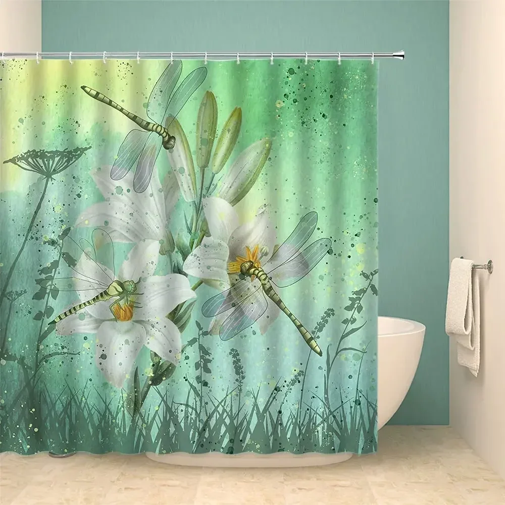 Dragonfly Shower Curtain Flower Herbs Lilies Plant Wildflowers Green Grass Leaf Nature Floral Cloth Bathroom Curtains with Hooks