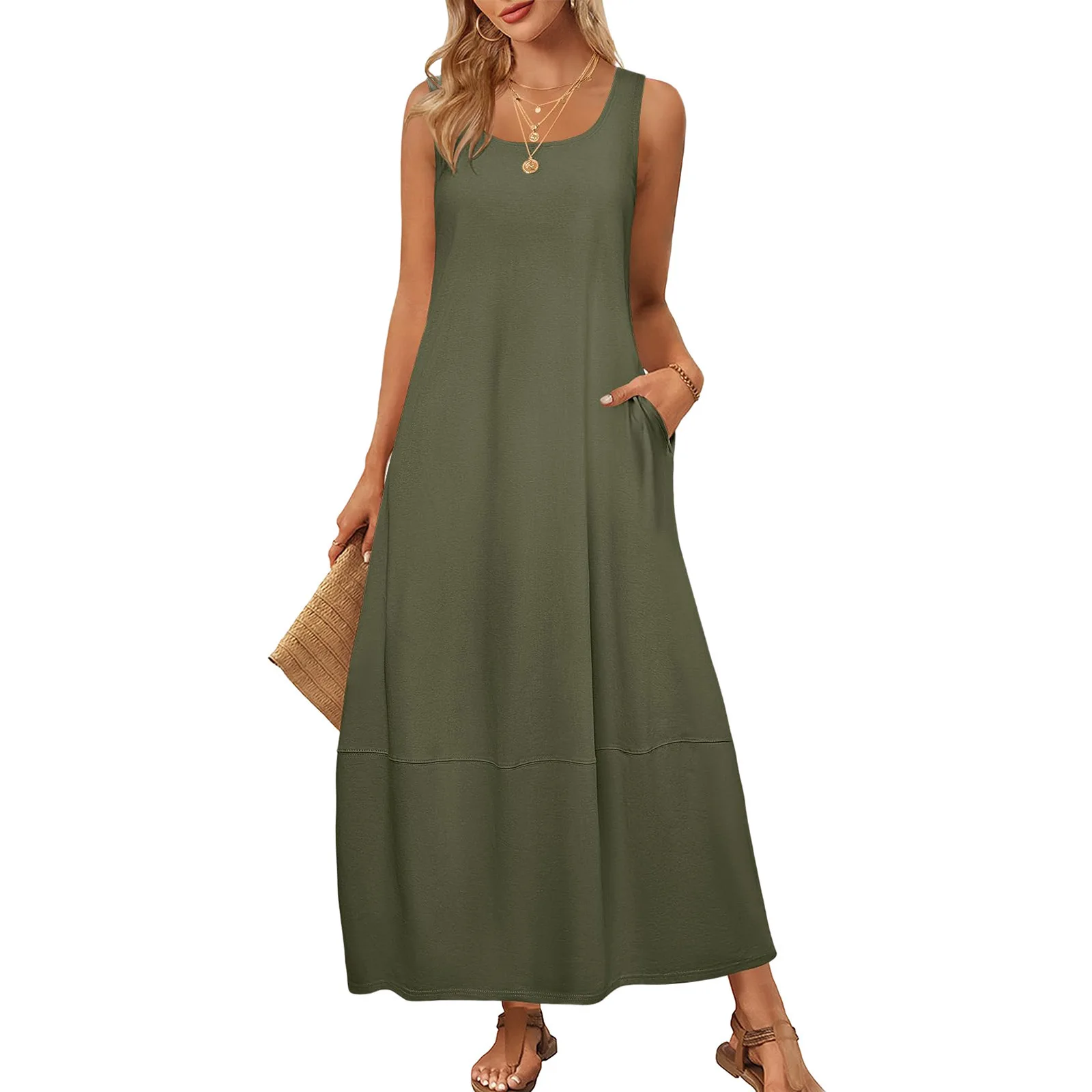 2026 Frühling Sommer Neues Elegantes Damen-Midikleid Ärmellos Einfarbig U-Ausschnitt Freizeitkleid Damen Party Club Kleidung Mit Tasche – Detail 4