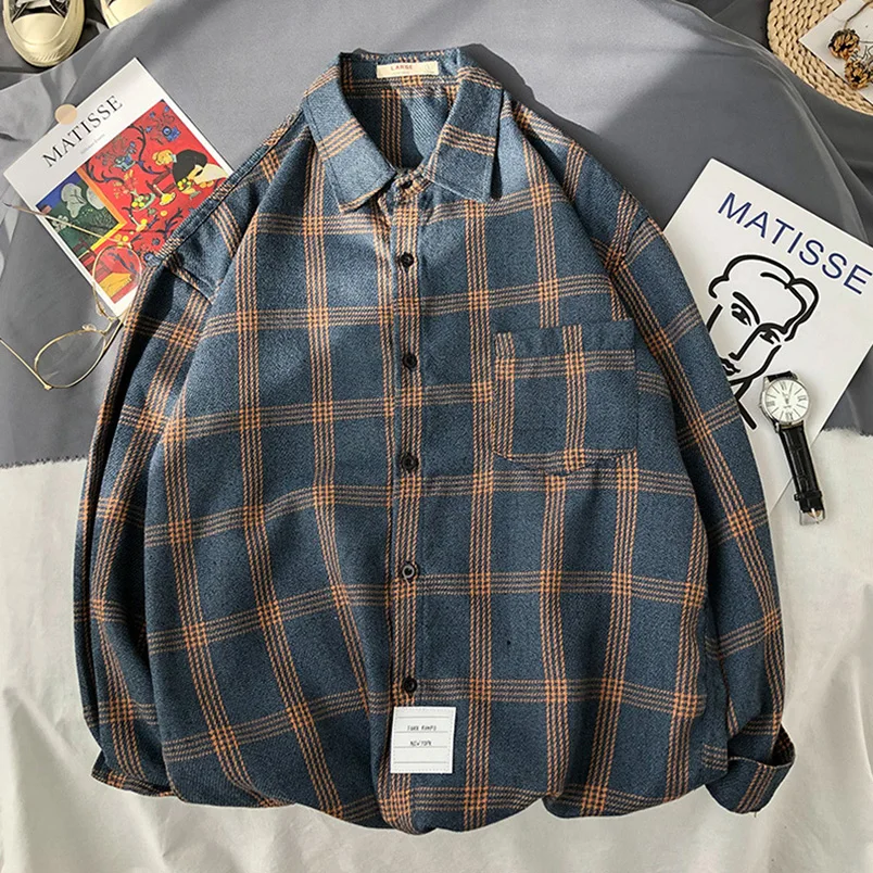 Vintage Men\'s Plaid Shirt Male Casual Office Blouses And Shirts Oversized Long Sleeve Summer Shirts Business Clothes Autumn