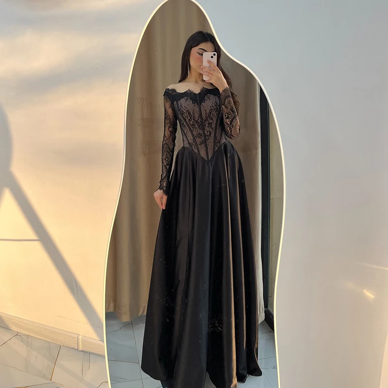 Thinyfull Zwarte A-lijn Prom Avondjurken Saudi Arabië Lange Mouw Kant Feestjurk Sexy Nacht Cocktail Prom Jassen Aangepast