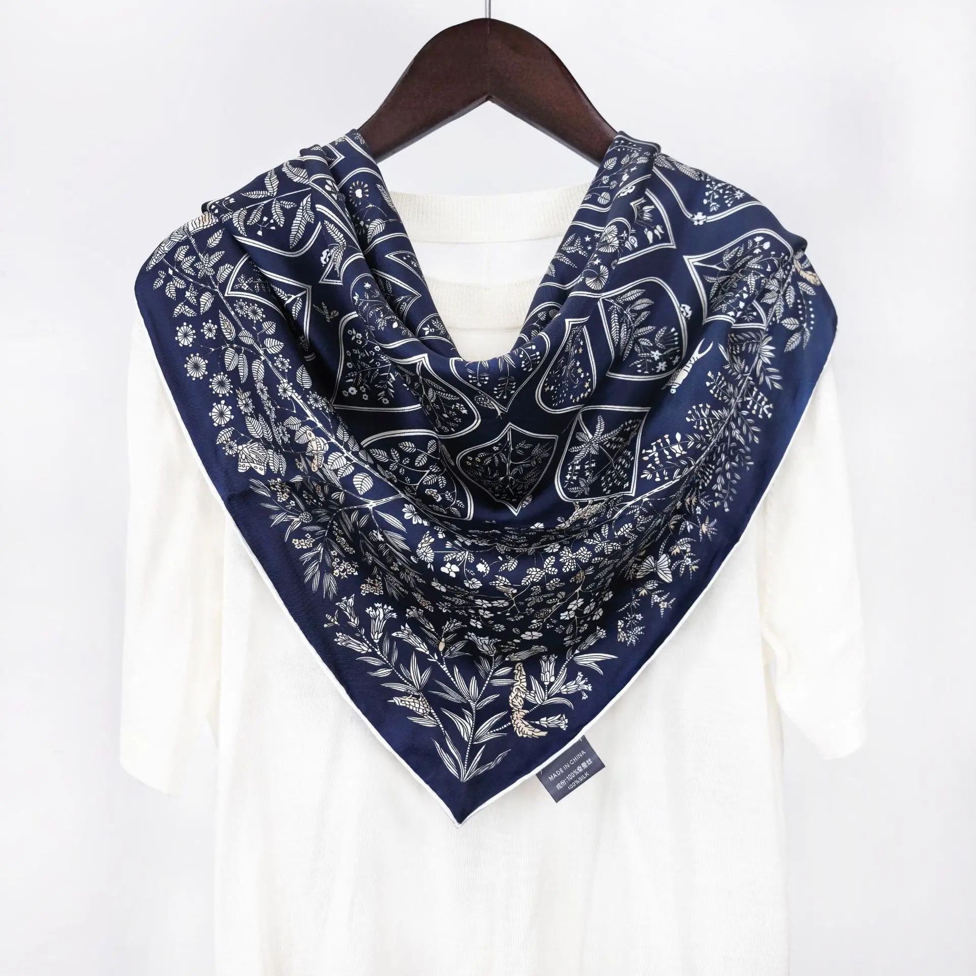 Women's 100% Silk Square Scarf Navy‑Blue Vintage Botanical Floral Bird & Butterfly Print Bandana Elegant Neck Scarf Head Wrap