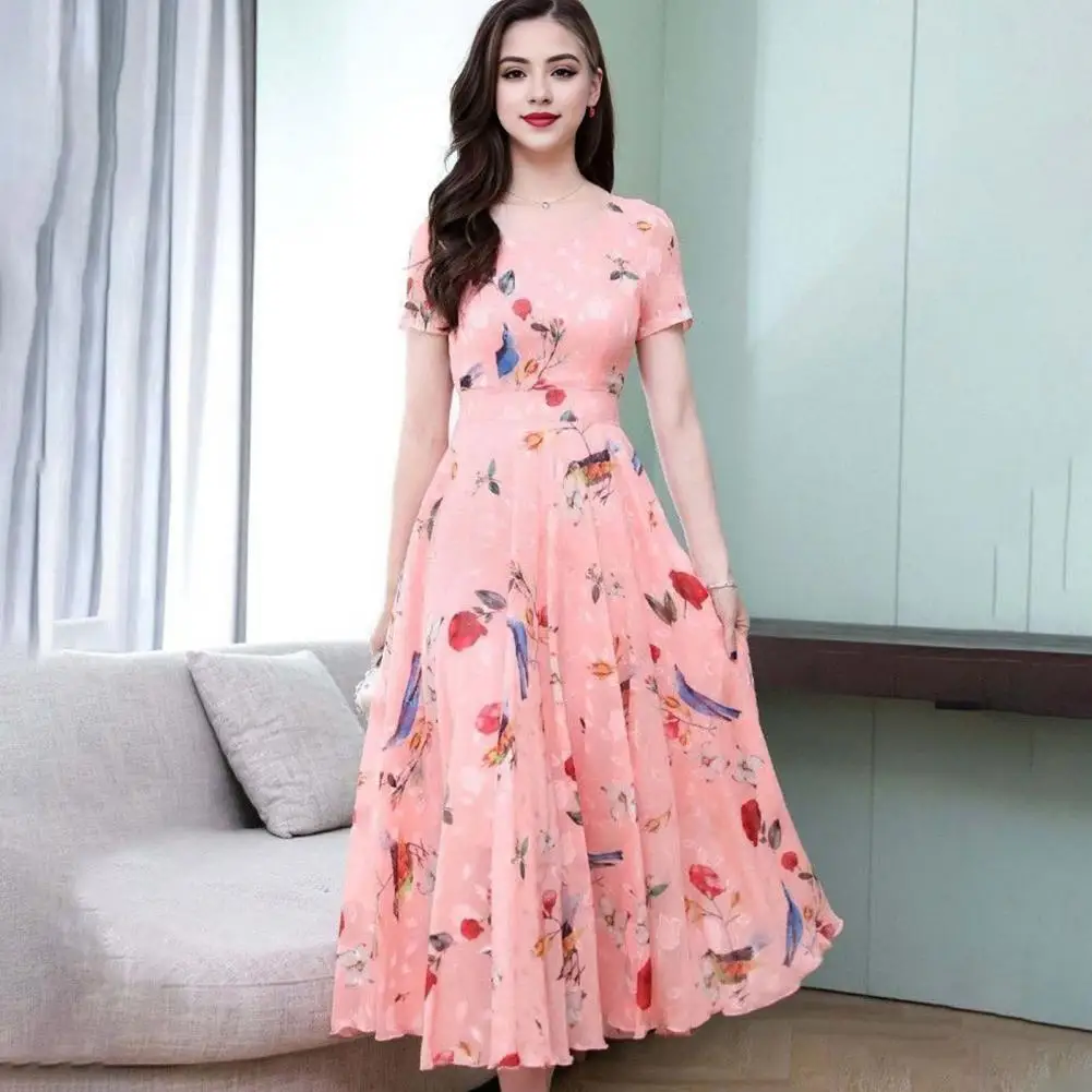 Lightweight Printed Dress Elegant A-line Printed Midi Dress for Women Flattering High Waist Prom Dress with Short Sleeves