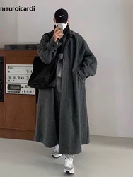 Mauroicardi Autumn Winter Long Warm Grey Black Slouchy Woolen Coat Men Single Breasted Loose Casual Wool Blends Overcoat 2023