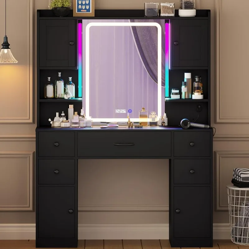 Large Vanity Desk with Mirror and Lights, Makeup Vanity with Lights and Charging Station, Vanity Table with Smart Mirror