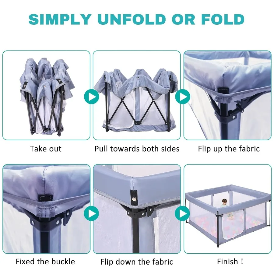 Box portatile per bambini con pavimento imbottito, cortile da gioco pieghevole per neonati e bambini piccoli, recinzione per interni ed esterni, grigio chiaro 50" x 50