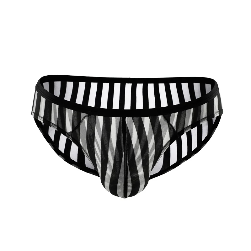 Men\'s Sexy Panties Striped Mesh See-Through Underwear Ultrathin Transparent Briefs U Convex Pouch Lingerie Underpants Tanga Slip