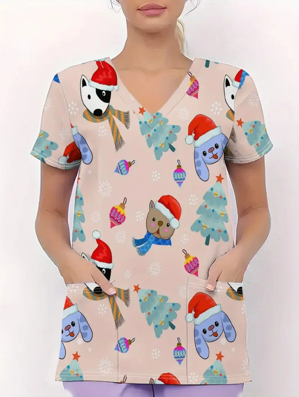 Nurse Uniform Woman Cute Cartoon Print Veterinary Uniform Summer Quick-Dry V-Neck Short Sleeve with Pockets Tops Women's Scrub