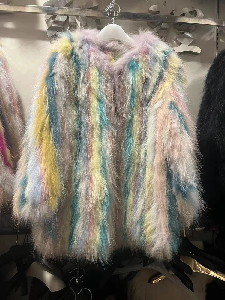 Fur Coat For Women American European Female Colorful Hand Knitted 100% Raccoon Fur Jackets Streetwear Rainbow Color Down Coats