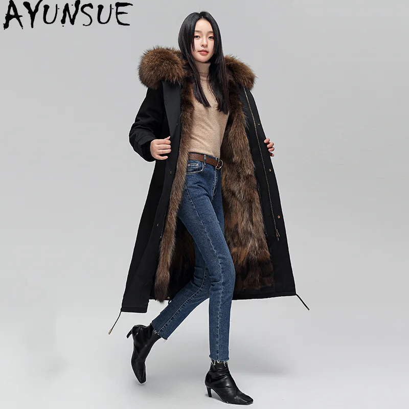 AYUNSUE Cappotto di Pelliccia Reale Delle Donne Vera Pelliccia di Volpe Parka da donna Fodera Staccabile 2025 Abiti Invernali Caldo Collo di Pelliccia di Procione Шуба Ж Dön......