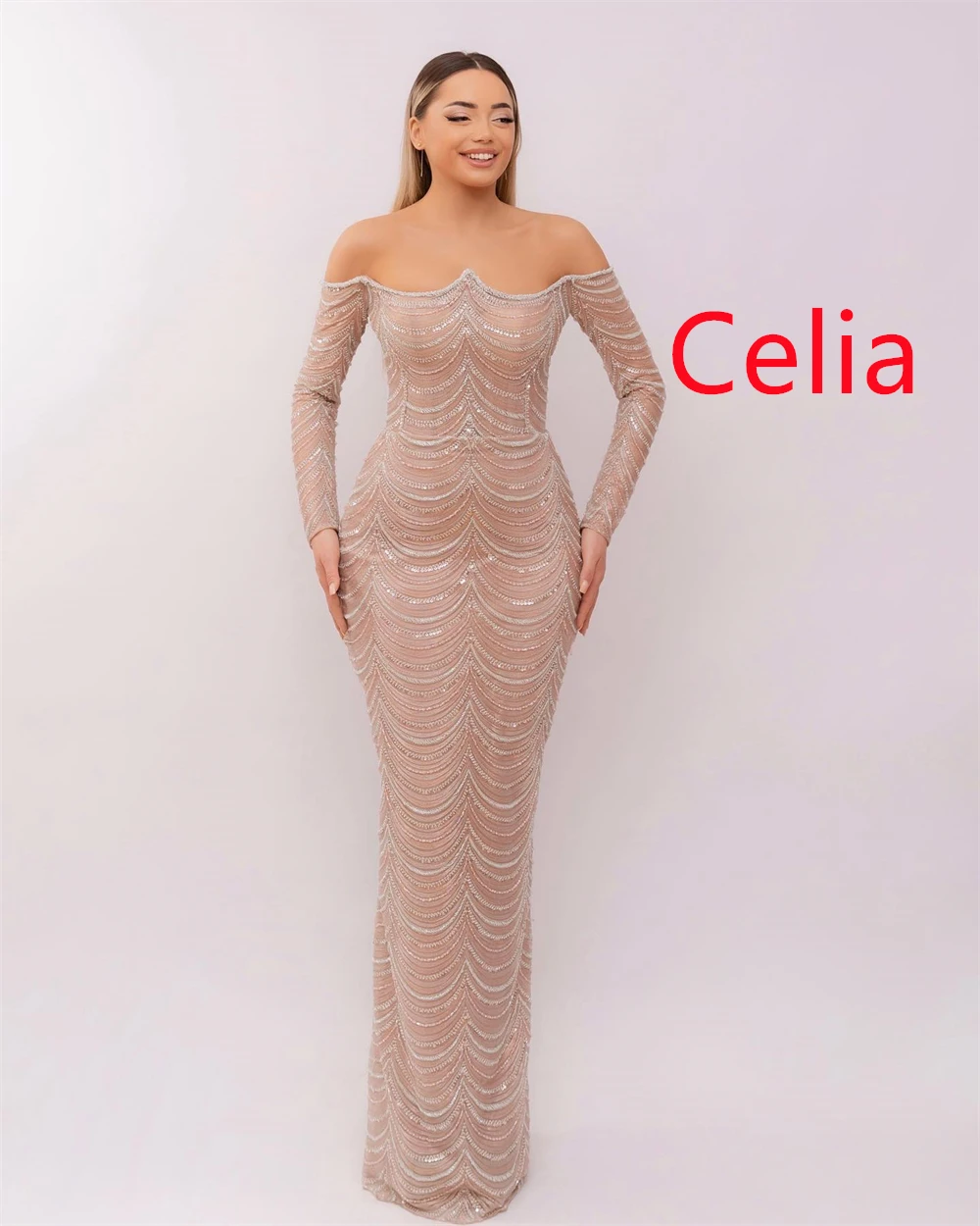 Customized Mermaid Luxury Tulle Evening Dresses Exquisite Off the Shoulder Long Sleeves Celebrity Gowns Fashion Vestido De Festa