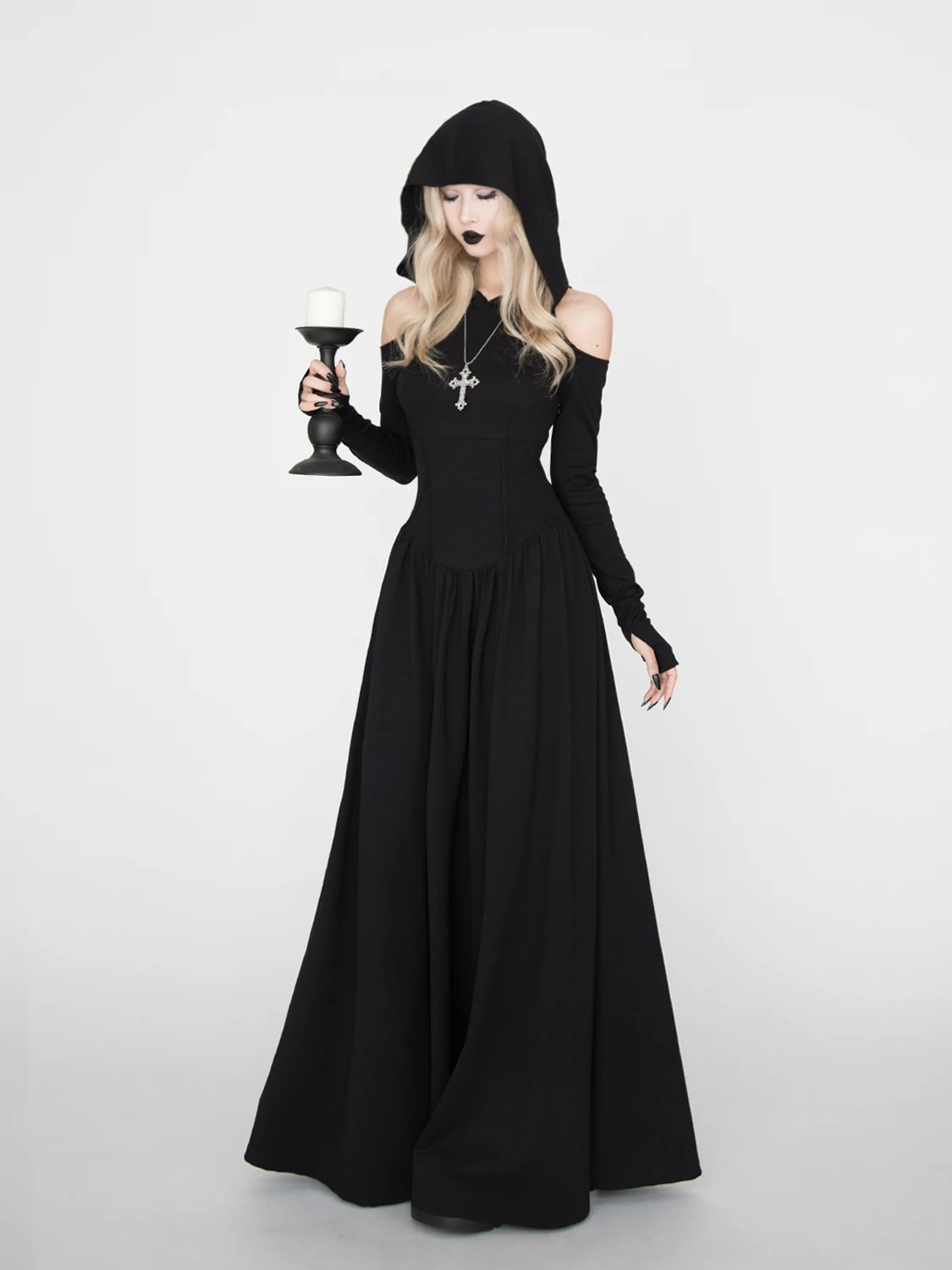 Special-Interest Design Gothic Style Dark Black Long-Sleeved Dress Tight Waist Black Dress with Hat Skirt Halloween Wear