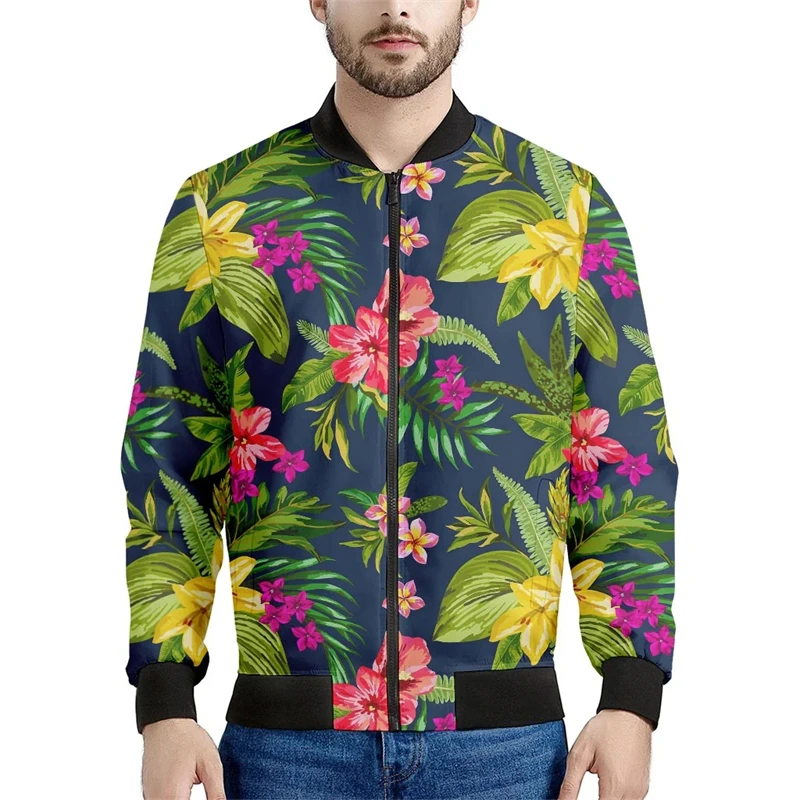 Neue hawaiian ische Blume Reiß verschluss Jacke Männer 3d gedruckt tropische Pflanzen Muster Bomber Sweatshirts Tops lange Ärmel übergroße Mäntel Top